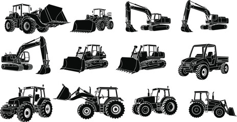 Black and White Vector Silhouette Set of Heavy Construction Machinery Equipment Excavators Bulldozers Industrial Tractors and Farm Agricultural Loader Vehicles © Saila