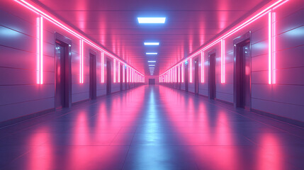 Fototapeta premium A vibrant hall illuminated with neon lights, creating an immersive, futuristic atmosphere in a modern architecture setting.