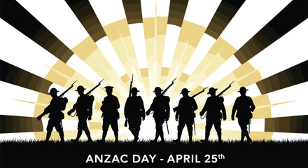  ANZAC Day remembrance illustration, soldiers silhouette marching at sunrise, April 25 memorial vector design honoring military service, sacrifice, history, national commemoration graphics use
