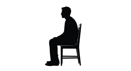 Silhouette of a man sitting upright on a chair, viewed from the side against a white background. © nanda