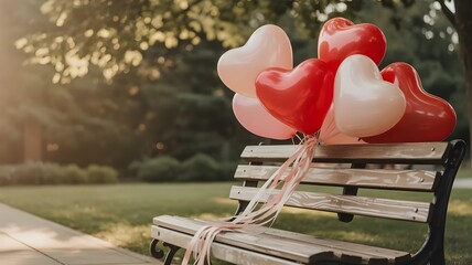 Empty bench with floating Valentine heart balloons, romantic love background, holiday celebration concept