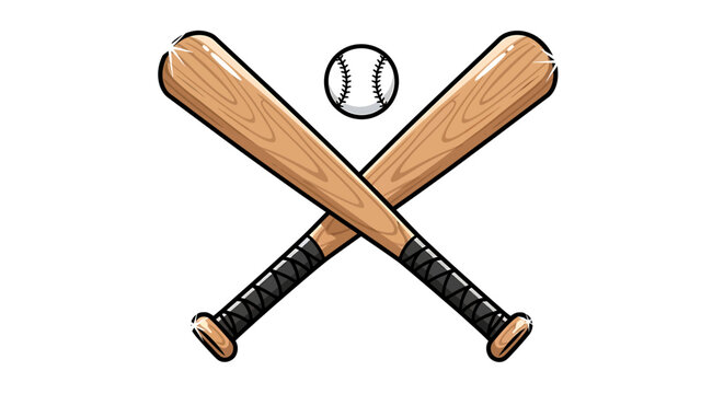 Two wooden baseball bats crossed over each other with baseball