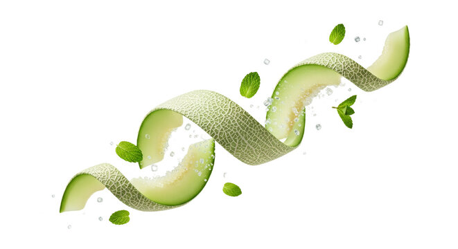 Vibrant melon peel and fruit slices gracefully swirl with refreshing mint and sparkling droplets