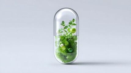 Fototapeta premium Close up of a clear capsule filled with a miniature green ecosystem of lush plants moss and berries representing natural ingredients health supplements and sustainable wellness