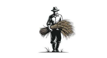 A farmer in overalls and a hat bending down to lift a metal bucket from the ground in a simple illustration.