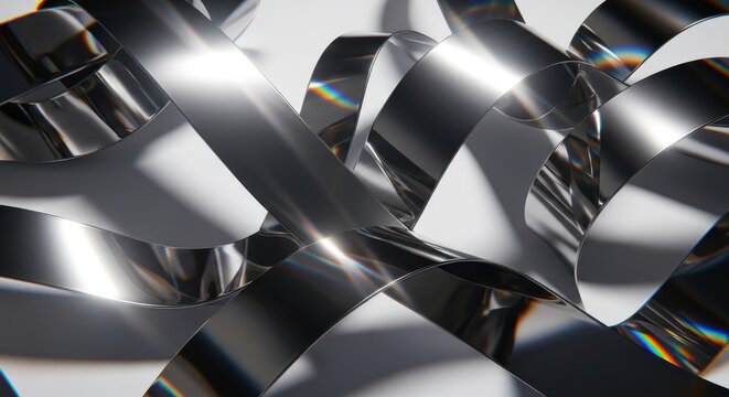 Abstract composition features interwoven, curving metallic ribbons reflecting bright light