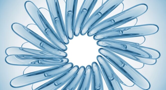Transparent blue elements form a symmetrical swirling pattern around a central white void