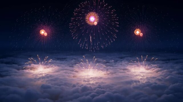 Fireworks launching through thick cloud cover with bursts glowing above a soft white layer. Dramatic contrast between bright explosions and misty atmosphere.