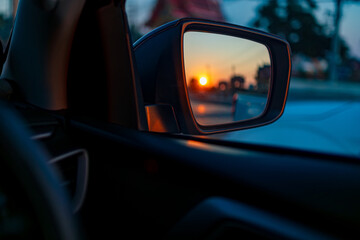 Golden sunset reflected in side rear view mirror of a car on the road,A beautiful golden sunset or sunrise is captured in the side mirror of a vehicle during a commute. The warm light glows on the car © banjongseal324