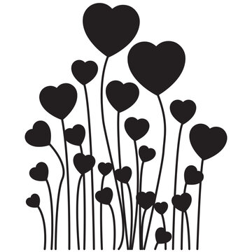 Black silhouette of heart shaped flowers isolated on white background