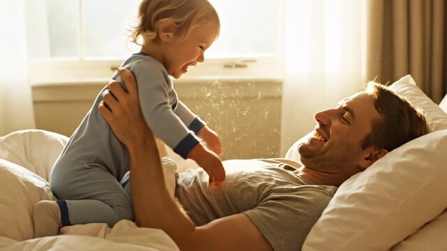 Cinematic slow motion of a joyful toddler laughing on a comfortable bed beside his resting father during a warm playful morning. Heartwarming family bonding and domestic bliss in soft daylight.