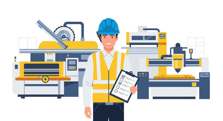 industrial manufacturing technician analyzing equipment processes in automated factory setting with safety gear and digital