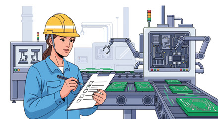Precision in Electronics Manufacturing: Female technician inspecting circuit boards on production line for quality assurance and
