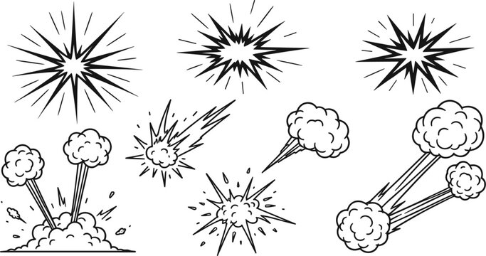 Hand drawn vector set of comic style explosions starbursts and smoke clouds for action graphic design manga illustration and motion effect elements.