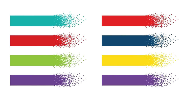Eight colorful horizontal bars with a gradient effect of dissolving particles on the right side.