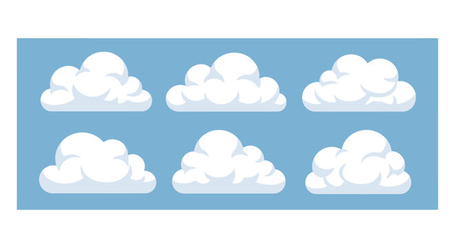 A collection of six fluffy white cumulus clouds against a clear blue sky background.