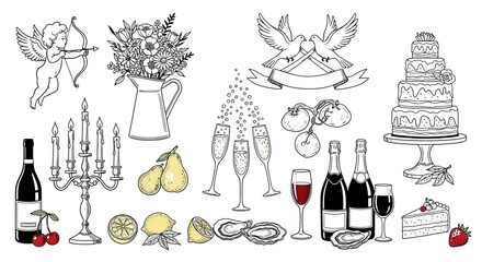 Obraz premium A collection of hand-drawn illustrations depicting elements associated with celebrations, romance, and fine dining, including a wedding cake, champagne, wine, flowers, and romantic symbols.