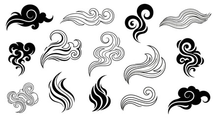 Fototapeta premium Collection of stylized black and white smoke, cloud, and swirl patterns in traditional Asian art style, suitable for decorative elements and graphic design.