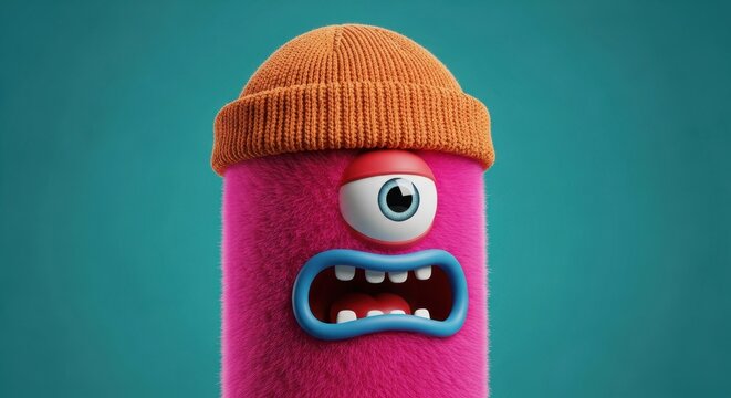 Brightly colored, furry, one-eyed creature wears an orange knit cap against a teal background