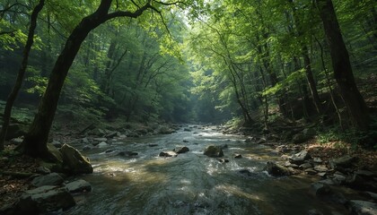 Obraz premium A serene forest landscape with a gentle stream flowing through the trees, surrounded by lush greenery and natural beauty.