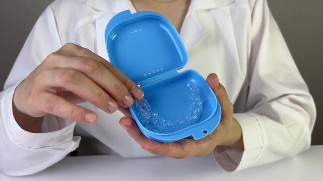 A dentist in a white coat shows clear aligners in a blue case