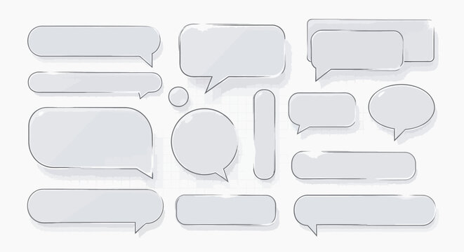 A collection of glossy, silver-bordered speech bubbles and chat boxes in various shapes and sizes, on a white background.