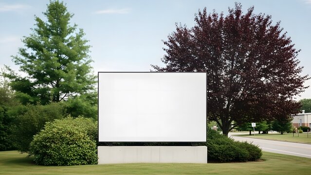 Large blank white billboard sign mounted on concrete base in grassy field surrounded by lush green trees and bushes with road visible in background under bright clear sky