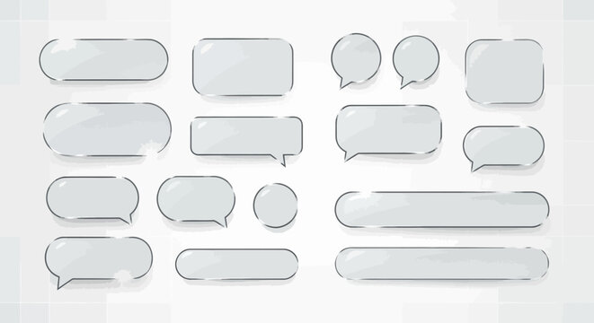 A collection of glossy glass-like buttons, speech bubbles, and text boxes with metallic borders on a light background.