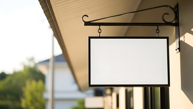 Horizontal blank sign mock up with an elegant black wrought iron bracket hanging from a building facade in a sunny outdoor setting