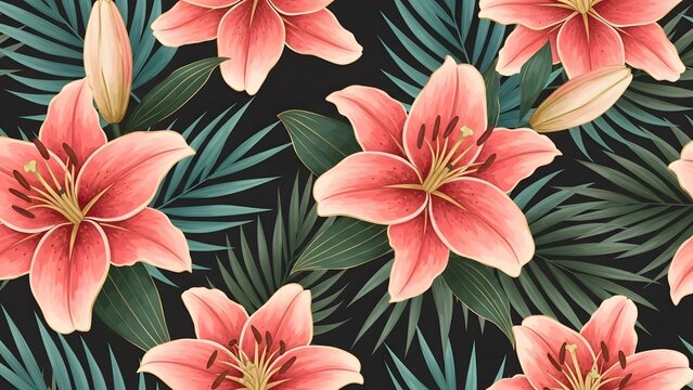 Seamless tropical pattern with large pink lilies and dark palm leaves against black background floral illustration for exotic wallpaper textile design