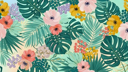 Fototapeta premium Monstera leaves with colorful flowers and berries in vibrant jungle pattern design with summer tropical greenery and palm fronds for fashion prints and decorative textile surfaces