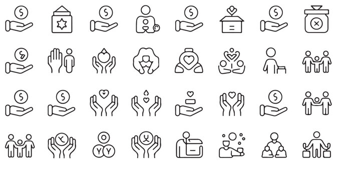 Donation and help icons for community service and social responsibility in linear style outline symbols