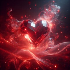 surreal red crystal heart floating in mid-air, soft glowing light, abstract red mist background