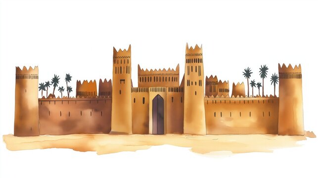 Djenne Mosque. Djenne Mosque hand drawn watercolor illustration on white background