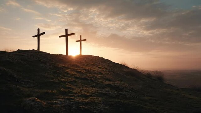 Man with crown of thorns silhouette against sunset, overlaid on crosses on a hill at sunrise, representing the Easter concept