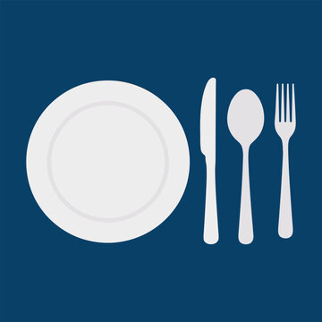 White plate with silverware on blue background utensils fork knife