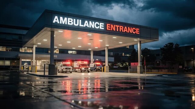 Ambulance bay entrance under dramatic stormy skies with wet pavement focused dropoff canopy and directional signs defocused background amplifies urgency theme.