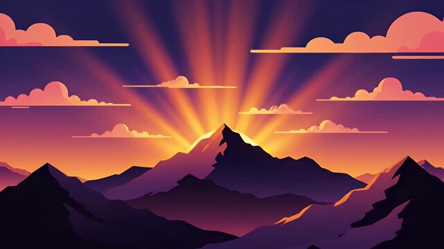 Vibrant flat design mountain landscape at sunrise with colorful sky