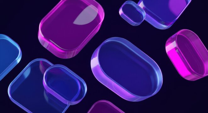 Illuminated translucent oblong shapes float against a dark backdrop in a dynamic composition