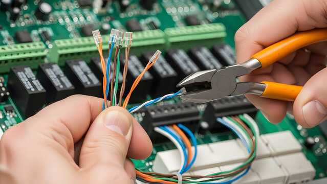 Electrical technician cutting colored network wires for installation | Close-up of pliers stripping twisted pair cables on circuit board | PCB wiring and electronics repair maintenance service
