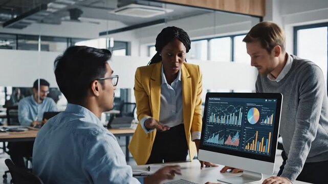 Cinematic slow motion of diverse professional team members discussing innovative project ideas and collaborating during a strategic meeting in a modern corporate office interior setting.