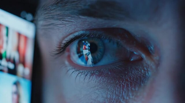 Cinematic close-up of a human eye staring intently at a luminous smartphone screen with digital interface reflections, capturing deep focus, vision, and technology interaction in high resolution.