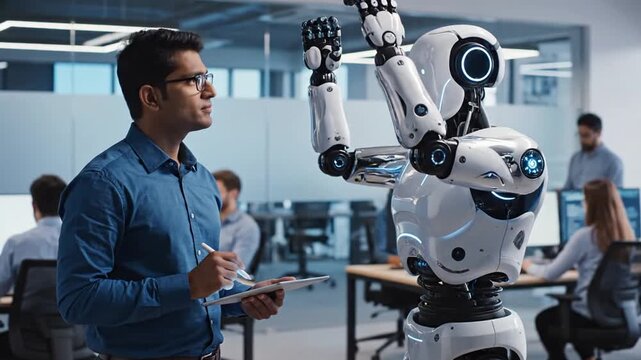 Cinematic footage of professional male technician issuing verbal instructions to advanced humanoid robot within futuristic laboratory facility during research and development process.