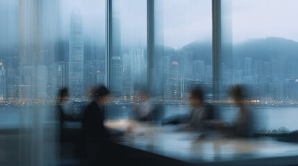 Obraz premium Motion blur of business professionals in a high-rise office overlooking a foggy city skyline.