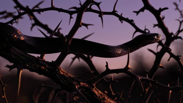 Black Mamba Snake Crawling Through Thorny Branches at Dusk, Silhouette