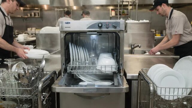 Medium shot of a bustling hotel kitchen commercial dishwasher with neatly organized racks and workflow for dirty to clean dish management stainless surfaces gleaming.