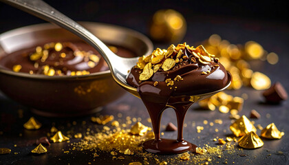 Spoon of chocolate pudding with edible gold flakes on dark background