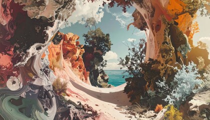 Abstract vista colorful, flowing paint frames a landscape with ocean, trees, and sky