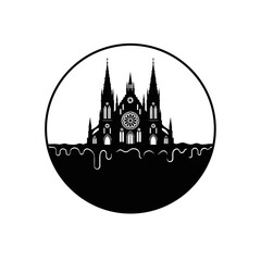 Obraz premium Gothic Cathedral Silhouette Dripping Effect Isolated on White Circle Background
