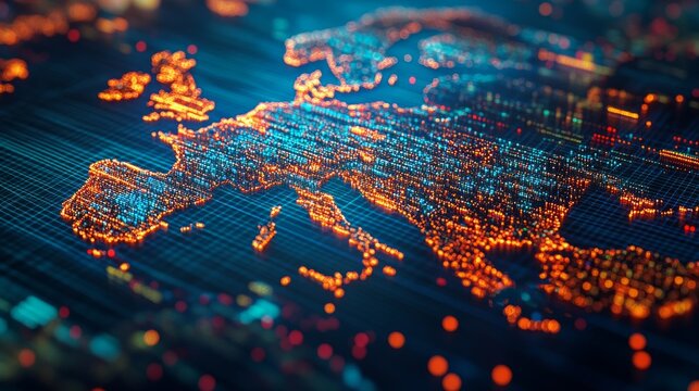 A glowing digital map of Europe on a blue background with a grid illustrates global connectivity and technological progress &mdash; an appropriate backdrop for analytical reports or IT conferences.